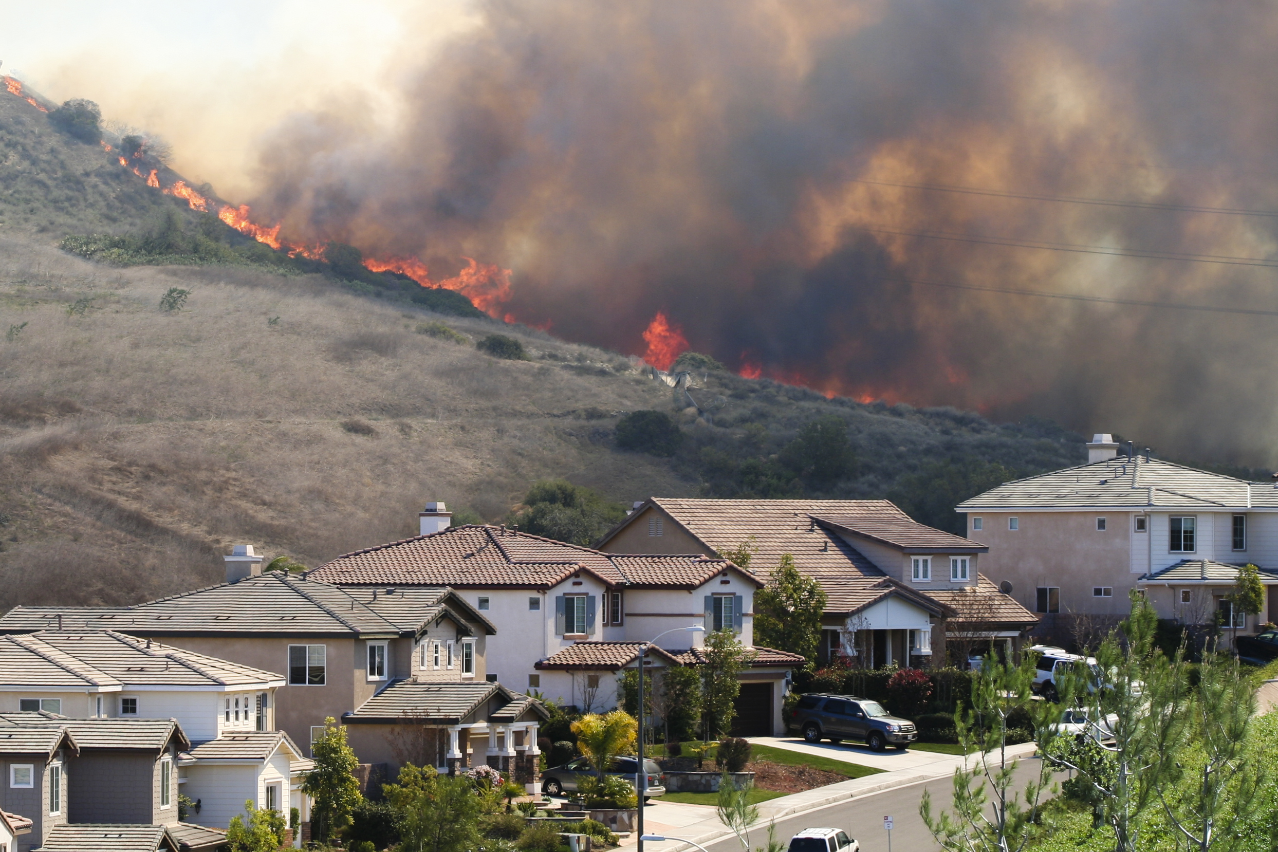 Image of fire and smoke behind a row of houses in a neighborhood