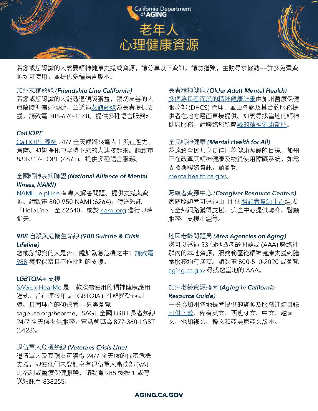 mental health resources for older adult flyer in Chinese