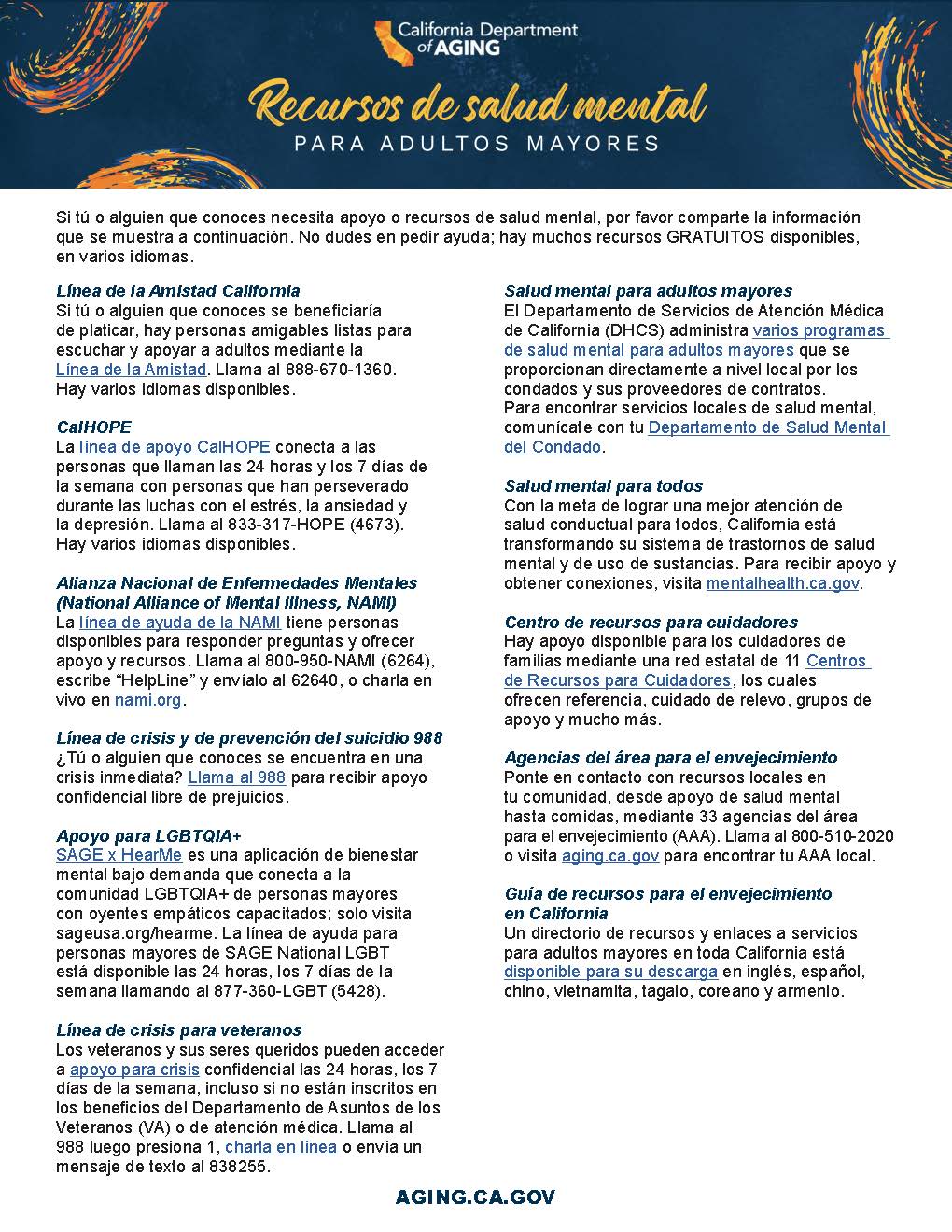 mental health resources for older adult flyer in spanish