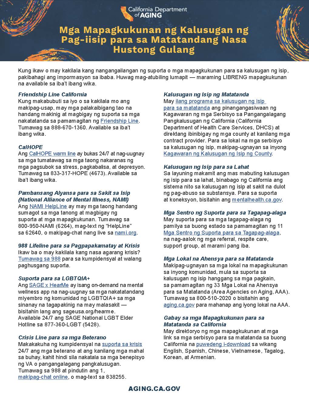 mental health resources for older adult flyer in Tagalog