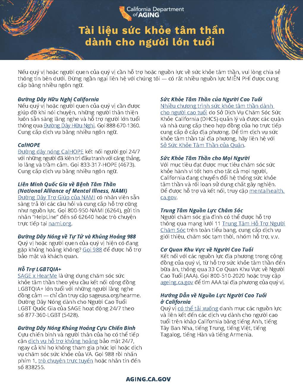 mental health resources for older adult flyer in Vietnamese