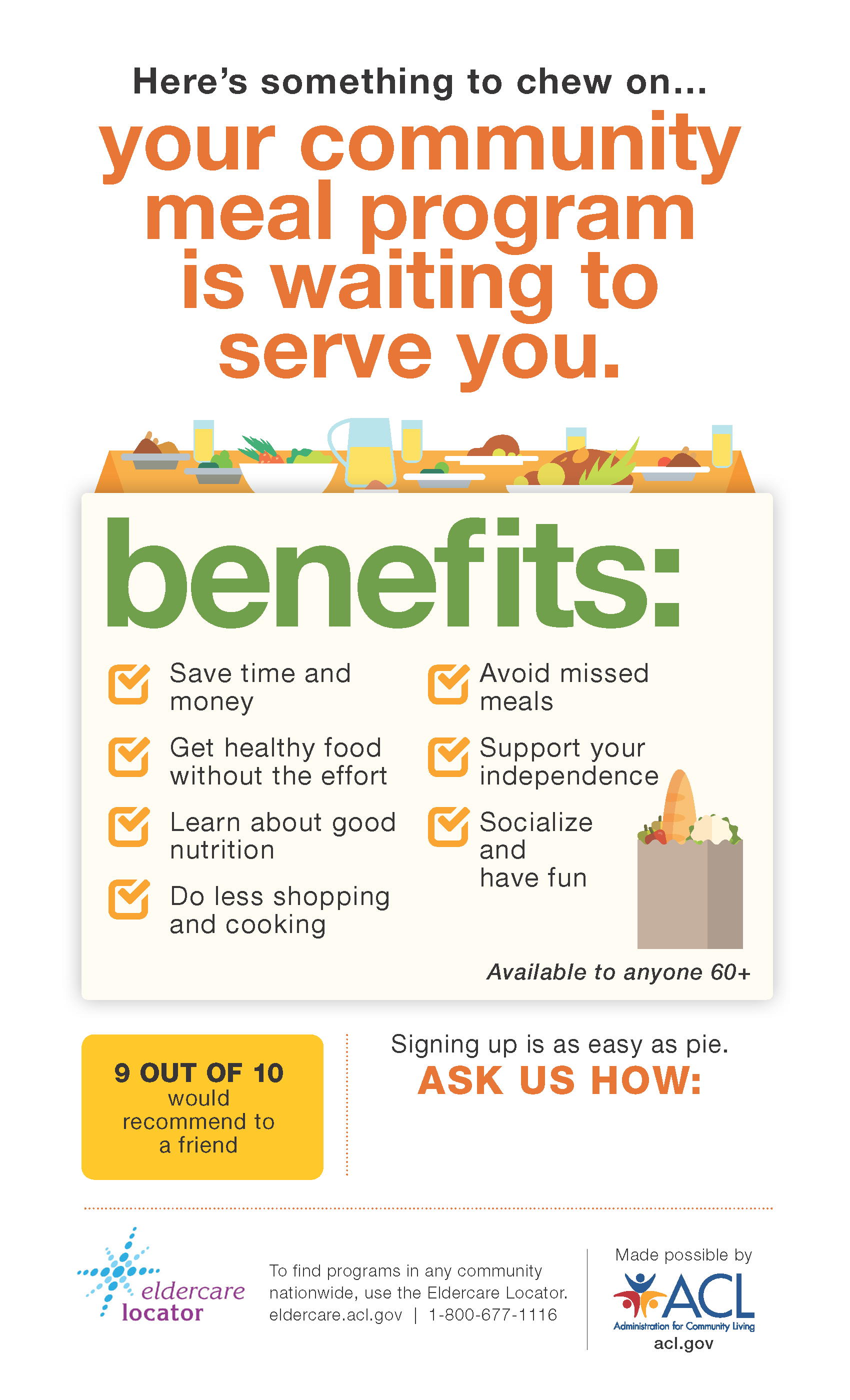 Your community meal program is waiting to serve you. Benefits: save time and money, get healthy food without the effort, do less shopping and cooking, avoid missed meals, support your independence, socialize and have fun.