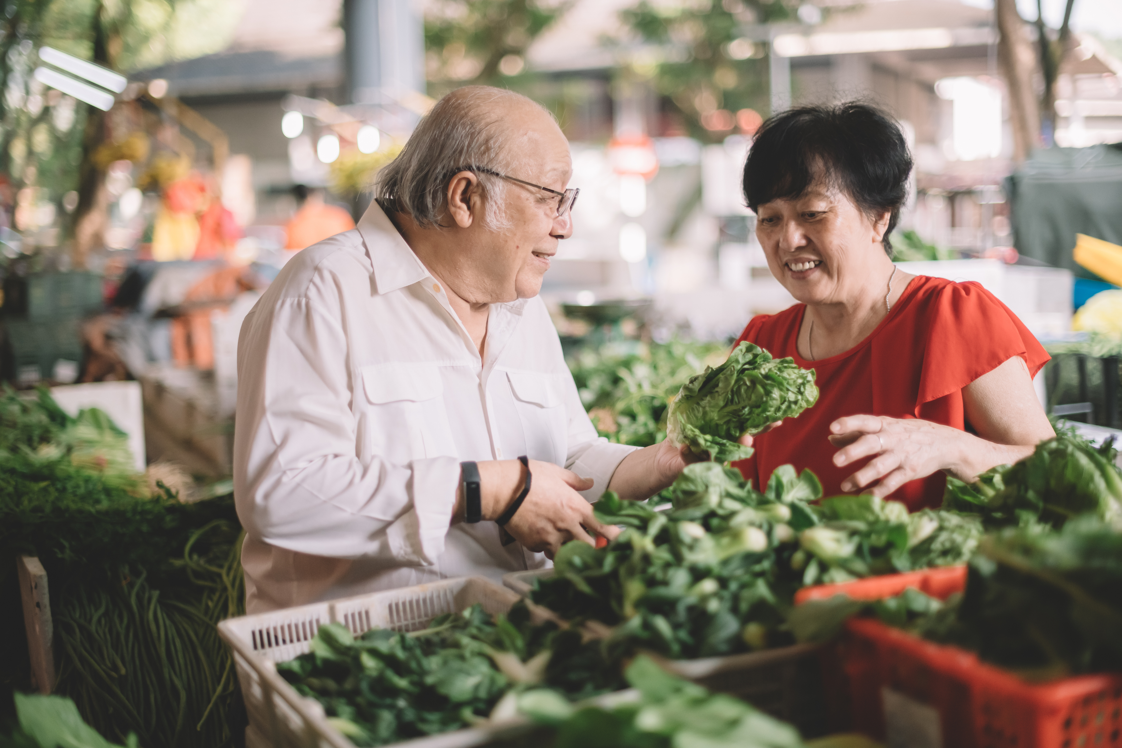 Older adults at market selecting vegetables